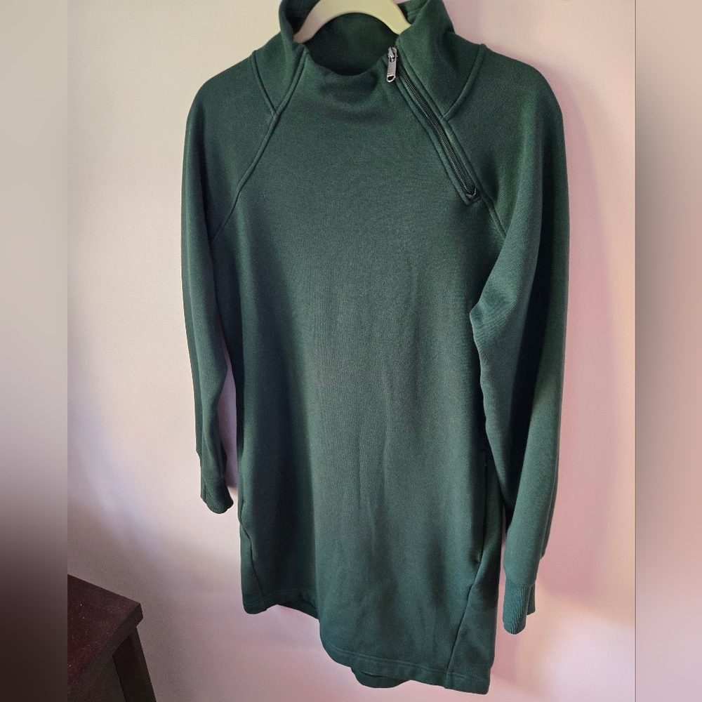 Athleta Cozy Karma Asymmetric Zip Fleece Sweatshirt Dress - Green - Medium